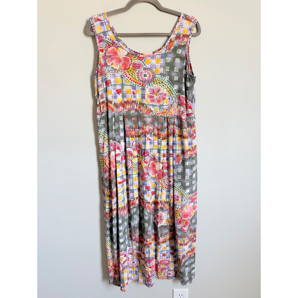Vintage Jams World Rayon Midi Dress Womens Medium Floral Patchwork Sleeveless